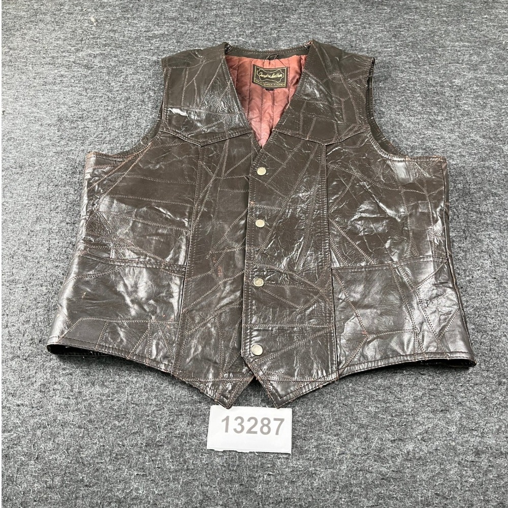 Genuine Leather Biker Vest Mens Large Brown Lined Snap Front Western Outdoor